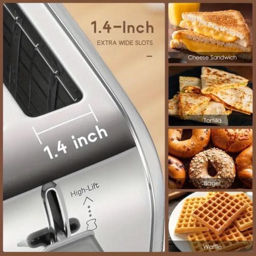 4-Slice Stainless Steel Toaster with Bagel & Muffin Function | Extra-Wide Slots, 7 Shade Settings, Dual Independent Controls, Warming Rack - 1800W