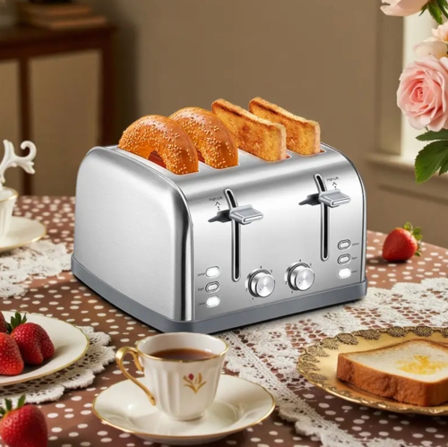 4-Slice Stainless Steel Toaster with Bagel & Muffin Function | Extra-Wide Slots, 7 Shade Settings, Dual Independent Controls, Warming Rack - 1800W