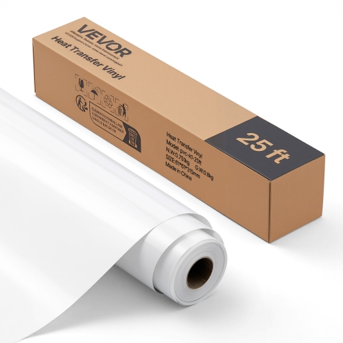 VEVOR 12 in x 25 ft Heat Transfer Vinyl, Glossy White HTV Iron on Vinyl Roll, Easy to Cut and Weed, Strong Adhesion, Compatible with Cutting