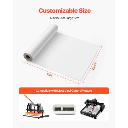 VEVOR 12 in x 25 ft Heat Transfer Vinyl, Glossy White HTV Iron on Vinyl Roll, Easy to Cut and Weed, Strong Adhesion, Compatible with Cutting