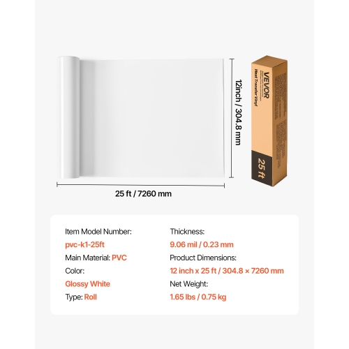 VEVOR 12 in x 25 ft Heat Transfer Vinyl, Glossy White HTV Iron on Vinyl Roll, Easy to Cut and Weed, Strong Adhesion, Compatible with Cutting