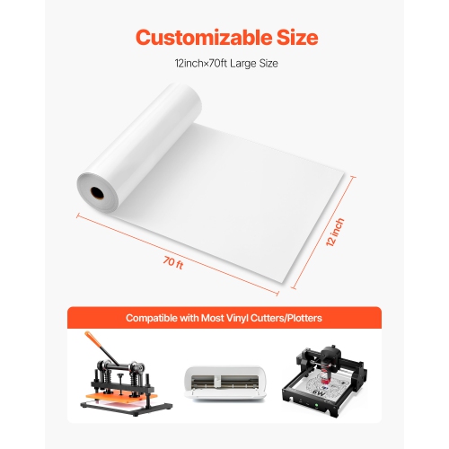 VEVOR 12 in x 70 ft Heat Transfer Vinyl, Glossy White HTV Iron on Vinyl Roll, Easy to Cut and Weed, Strong Adhesion, Compatible with Cutting