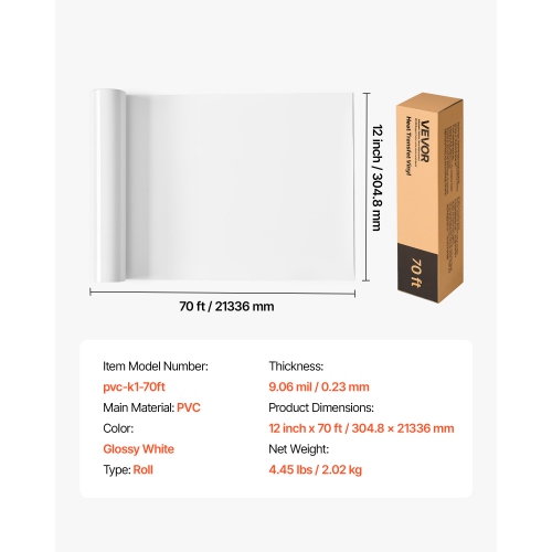 VEVOR 12 in x 70 ft Heat Transfer Vinyl, Glossy White HTV Iron on Vinyl Roll, Easy to Cut and Weed, Strong Adhesion, Compatible with Cutting