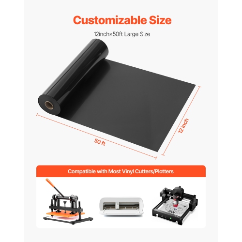 VEVOR 12 in x 50 ft Heat Transfer Vinyl, Glossy Black HTV Iron on Vinyl Roll, Easy to Cut and Weed, Strong Adhesion, Compatible with Cutting