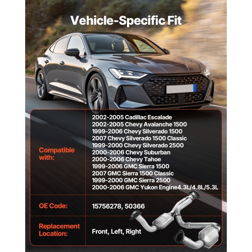 VEVOR 4.3L V6 Catalytic Converter, Compatible with Cadillac Escalade/Chevy Avalanche Silverado Suburban Tahoe/GMC Sierra Yukon, 4.8L/5.3L V8,