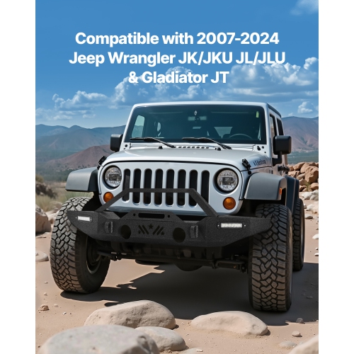 VEVOR Front Bumper Compatible with 2007-2024 Jeep Wrangler JK/JKU JL/JLU & Gladiator JT - with 2PCS LED Light Bars,Winch Plate & Fog Light
