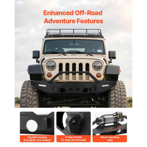 VEVOR Front Bumper Compatible with 2007-2024 Jeep Wrangler JK/JKU JL/JLU & Gladiator JT - with 2PCS LED Light Bars,Winch Plate & Fog Light