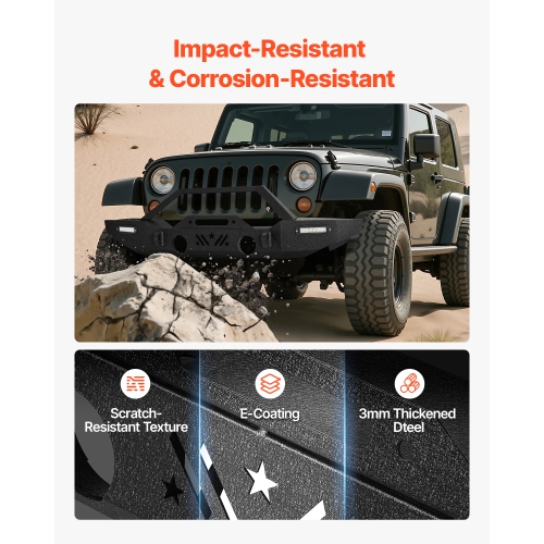 VEVOR Front Bumper Compatible with 2007-2024 Jeep Wrangler JK/JKU JL/JLU & Gladiator JT - with 2PCS LED Light Bars,Winch Plate & Fog Light