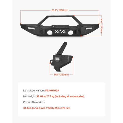 VEVOR Front Bumper Compatible with 2007-2024 Jeep Wrangler JK/JKU JL/JLU & Gladiator JT - with 2PCS LED Light Bars,Winch Plate & Fog Light