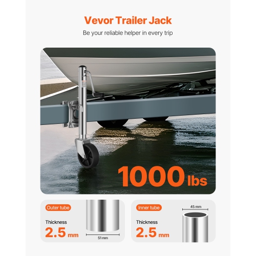 VEVOR 1000 lbs Load Trailer Jack with Wheel, Heavy Duty Swivel Boat Trailer Jack with PP Single Wheel & Ergonomic Handle, 10-inch Lift, Fit for RVs,