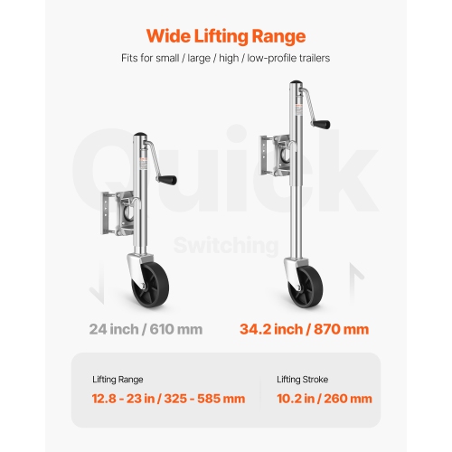 VEVOR 1000 lbs Load Trailer Jack with Wheel, Heavy Duty Swivel Boat Trailer Jack with PP Single Wheel & Ergonomic Handle, 10-inch Lift, Fit for RVs,