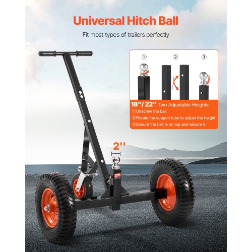 VEVOR 18 to 22 inch Height Trailer Dolly, 1200lbs Tongue Weight Capacity, Carbon Steel Trailer Mover, 2 inch Ball, 15.2 inch Pneumatic Tires, for
