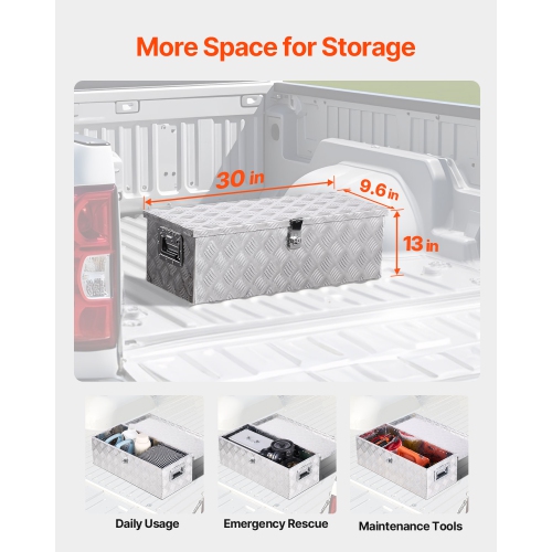 VEVOR 30"x13"x9.6" Heavy Duty Aluminum Truck Bed Tool Box, Stripes Plated Tool Box with Side Handle and Lock Keys, Storage Toolbox Chest Organizer