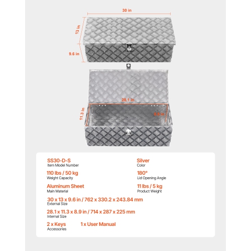 VEVOR 30"x13"x9.6" Heavy Duty Aluminum Truck Bed Tool Box, Stripes Plated Tool Box with Side Handle and Lock Keys, Storage Toolbox Chest Organizer