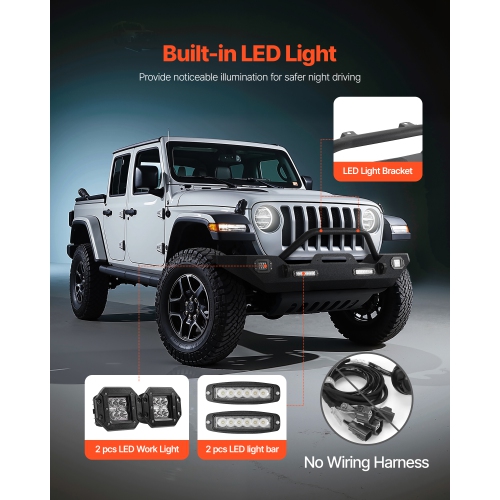 Pare-chocs avant VEVOR compatible avec Jeep Wrangler JL JLU et Gladiator JT 2018-2024 - avec barres lumineuses LED 2PCS, phares de travail LED 2PCS,