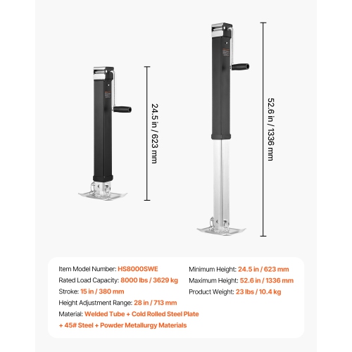 VEVOR 8000 lbs Dynamic Load Trailer Jack, Weld-on Pipe-Mount Swivel Trailer Jack with Ergonomic Handle, 15-inch Vertical Travel, Suitable for RV,