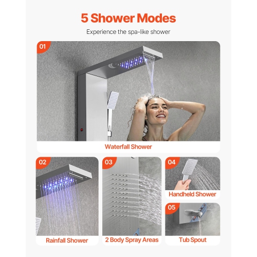 VEVOR 53 in Shower Panel Tower System with Rainfall Waterfall Shower Head, LED, Brushed Stainless Steel Shower Column, 5-Function Faucet, Wall-Mount