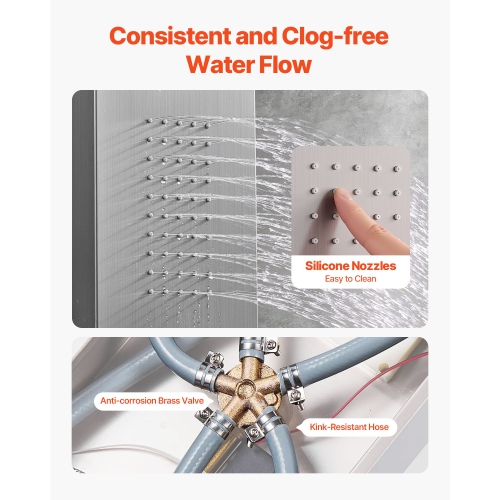 VEVOR 53 in Shower Panel Tower System with Rainfall Waterfall Shower Head, LED, Brushed Stainless Steel Shower Column, 5-Function Faucet, Wall-Mount