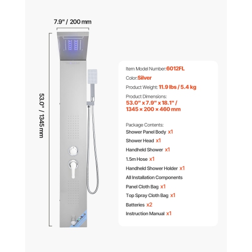 VEVOR 53 in Shower Panel Tower System with Rainfall Waterfall Shower Head, LED, Brushed Stainless Steel Shower Column, 5-Function Faucet, Wall-Mount