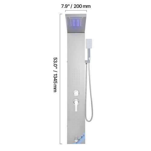 VEVOR 53 in Shower Panel Tower System with Rainfall Waterfall Shower Head, LED, Brushed Stainless Steel Shower Column, 5-Function Faucet, Wall-Mount
