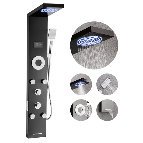 VEVOR 53 in Shower Panel Tower System with Rainfall Shower Head, LED, Brushed Stainless Steel Shower Column, 6-Function Faucet, Wall-Mount Rain
