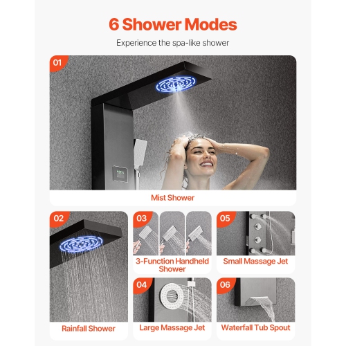 VEVOR 53 in Shower Panel Tower System with Rainfall Shower Head, LED, Brushed Stainless Steel Shower Column, 6-Function Faucet, Wall-Mount Rain