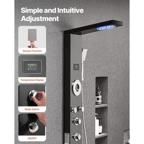 VEVOR 53 in Shower Panel Tower System with Rainfall Shower Head, LED, Brushed Stainless Steel Shower Column, 6-Function Faucet, Wall-Mount Rain