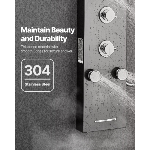 VEVOR 53 in Shower Panel Tower System with Rainfall Shower Head, LED, Brushed Stainless Steel Shower Column, 6-Function Faucet, Wall-Mount Rain