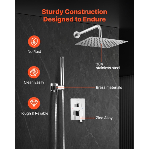 Robinet de douche VEVOR de 10&nbsp;po, système de douche Rainfall pour salle de bain avec pomme de douche carrée et vaporisateur à main, appareils de