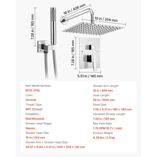 Robinet de douche VEVOR de 10&nbsp;po, système de douche Rainfall pour salle de bain avec pomme de douche carrée et vaporisateur à main, appareils de
