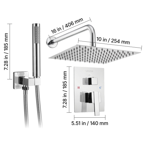 Robinet de douche VEVOR de 10&nbsp;po, système de douche Rainfall pour salle de bain avec pomme de douche carrée et vaporisateur à main, appareils de