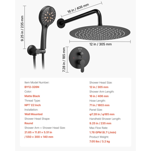 VEVOR 12-Inch Shower Faucet Set, Rainfall Bathroom Shower System with Round Rain Shower Head and Handheld Spray, Wall Mounted Bath Fixtures with