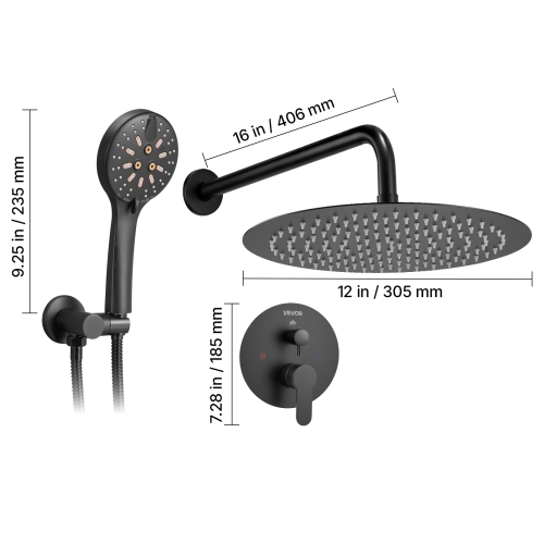 VEVOR 12-Inch Shower Faucet Set, Rainfall Bathroom Shower System with Round Rain Shower Head and Handheld Spray, Wall Mounted Bath Fixtures with