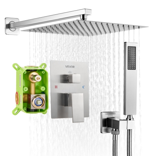 VEVOR 10-Inch Shower Faucet Set, Rainfall Bathroom Shower System with Square Rain Shower Head and Handheld Spray, Wall Mounted Bath Fixtures with