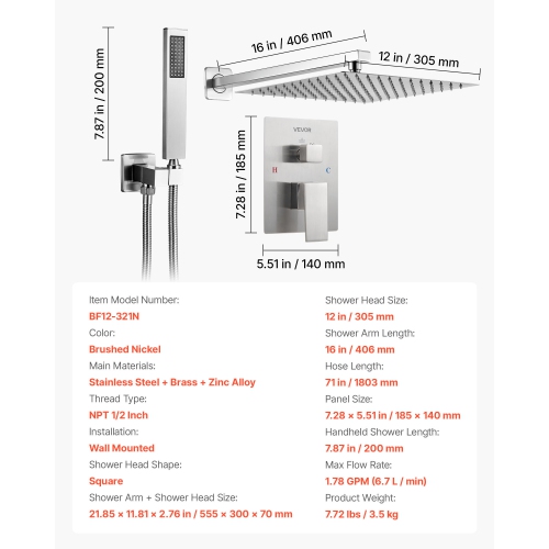 VEVOR 12-Inch Shower Faucet Set, Rainfall Bathroom Shower System with Square Rain Shower Head and Handheld Spray, Wall Mounted Bath Fixtures with
