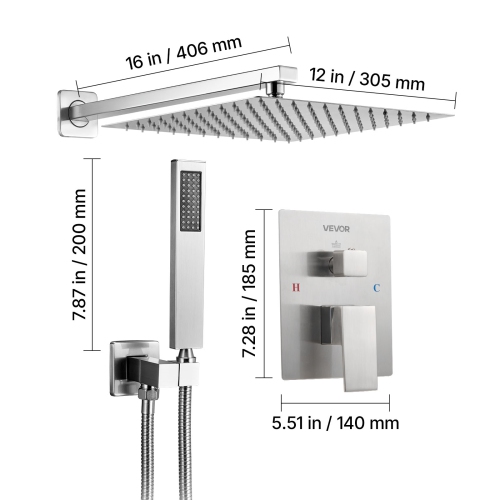 VEVOR 12-Inch Shower Faucet Set, Rainfall Bathroom Shower System with Square Rain Shower Head and Handheld Spray, Wall Mounted Bath Fixtures with