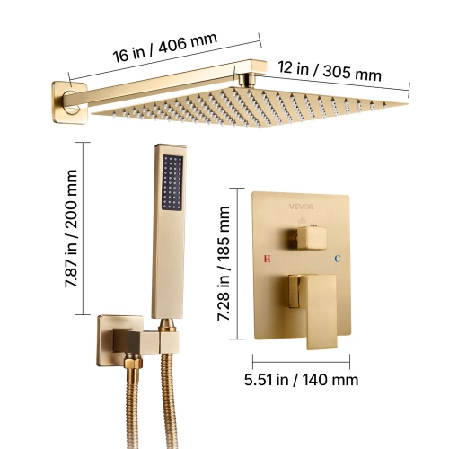 Robinet de douche VEVOR de 12&nbsp;po, système de douche Rainfall pour salle de bain avec pomme de douche carrée et vaporisateur à main, appareils de