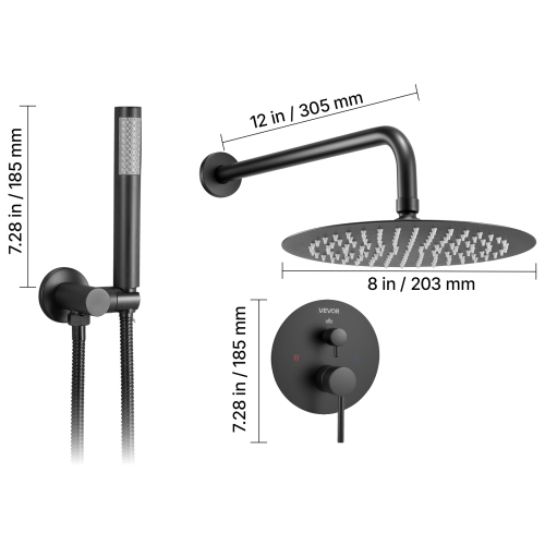 VEVOR 8-Inch Shower Faucet Set, Rainfall Bathroom Shower System with Round Rain Shower Head and Handheld Spray, Wall Mounted Bath Fixtures with Brass