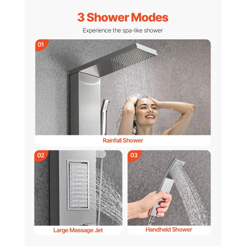 VEVOR 53 in Shower Panel Tower System with Rainfall Shower Head, Brushed Stainless Steel Shower Column, 3-Function Faucet, High Pressure Wall-Mount