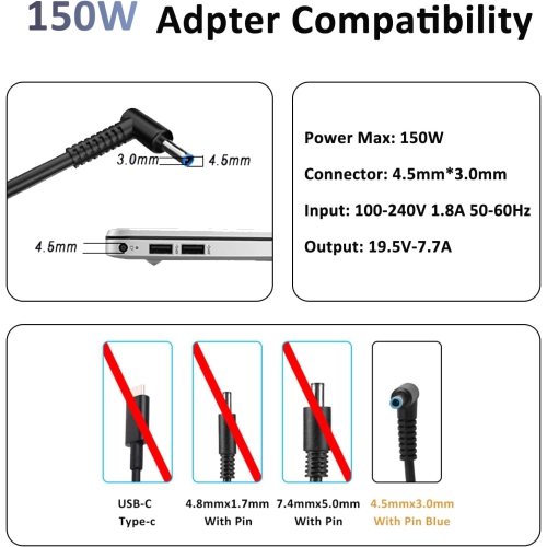 150W AC Adapter for HP ZBook 15 16 17 15U 15V G7 G3 G4 G5 G6 G8 G9 ZBook Studio G3 G4 G5 G6 G7 G8 Victus Pavilion Fury 15 17 TPN-CA11 TPN-DA09 Gaming
