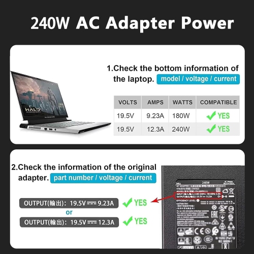 240W 7.4mm AC Adapter Charger Compatible with Dell Alienware 13 15 17 M16 M15 M17 M17X M18X M11X M14X X15 X16 X17 Area-51M 16X Aurora R1 R2 R3 R4 R5