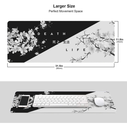 Black and White Mouse Pad Cherry Blossom Gaming Mouse Pad XL Long Mouse Pad Large XXL Mousepad Extended Stitched Edges Non-Slip Rubber Base Mice Pad