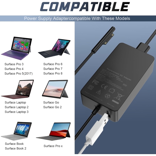 T Surface Pro Charger 65W Surface Laptop Charger, Compatible with Microsoft Surface Pro 9/8/7/6/5/4/3/X Surface Go 3/2/1 Surface Laptop 5/4/3/2/1