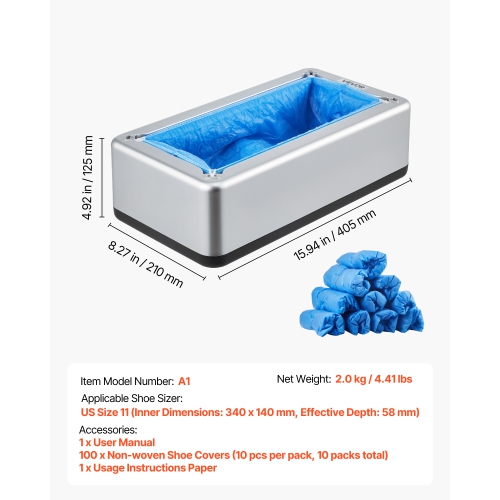 VEVOR Shoe Cover Dispenser, Automatic Shoe Covers Dispenser with 100 Pcs of Non-Slip Disposable Shoes Covers, Fits Size Up to US 11, for Home,