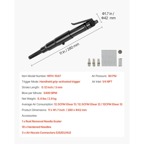 VEVOR 3400BPM Air Needle Scaler, Pneumatic Scaler for Rust Paint Removal - with 3-Speed Adjustment, 19 Hardened Needles & 3 Air Nozzle Connectors -