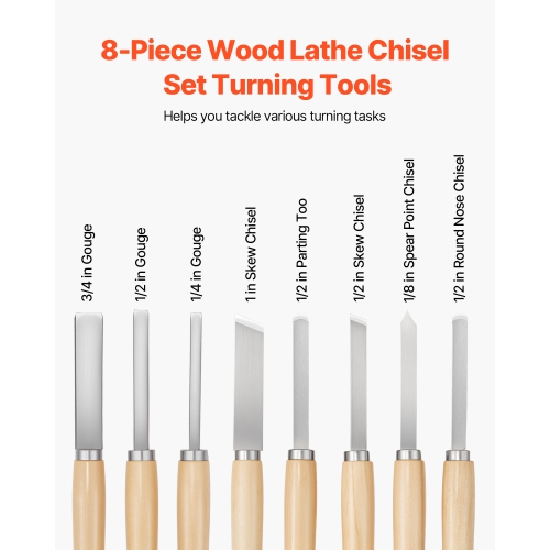 VEVOR 8PCS Wood Lathe Turning Tool Set, Lathe Chisel Set with Carbon Steel Blade, 2 Skew, 1 Spear Point, 1 Parting, 1 Round Nose, 3 Gouge Tools, 1