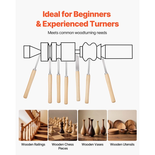 VEVOR 8PCS Wood Lathe Turning Tool Set, Lathe Chisel Set with Carbon Steel Blade, 2 Skew, 1 Spear Point, 1 Parting, 1 Round Nose, 3 Gouge Tools, 1