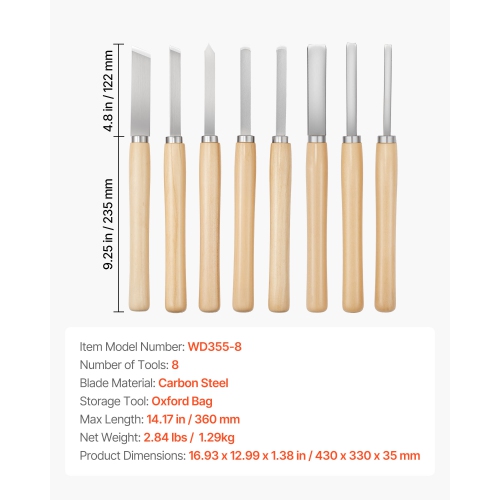 VEVOR 8PCS Wood Lathe Turning Tool Set, Lathe Chisel Set with Carbon Steel Blade, 2 Skew, 1 Spear Point, 1 Parting, 1 Round Nose, 3 Gouge Tools, 1