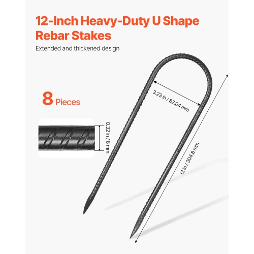 VEVOR 12-Inch Rebar Stakes, Heavy-Duty 0.32 in Diameter U Shape, Galvanized Steel Ground Anchors with Chisel Point End & Rust-Resistant Coating, for