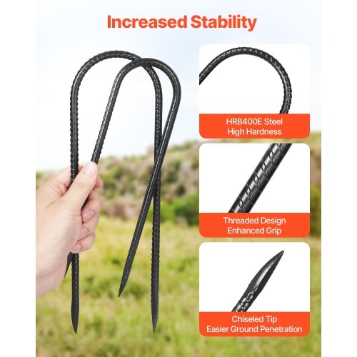 VEVOR 12-Inch Rebar Stakes, Heavy-Duty 0.32 in Diameter U Shape, Galvanized Steel Ground Anchors with Chisel Point End & Rust-Resistant Coating, for